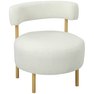 Fauteuil Style Nordique Bouclette Crème Assise Ronde Dossier Ajouré Bois