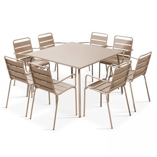 Ensemble Table De Jardin Carrée Et 8 Fauteuils En Métal Taupe Palavas