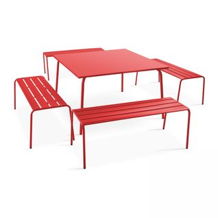 Salon De Jardin Table Carrée Et 4 Bancs En Métal, Palavas Rouge - Palavas