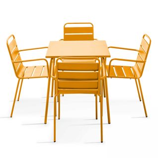 Ensemble Table De Jardin Carrée Et 4 Fauteuils Acier Jaune Palavas
