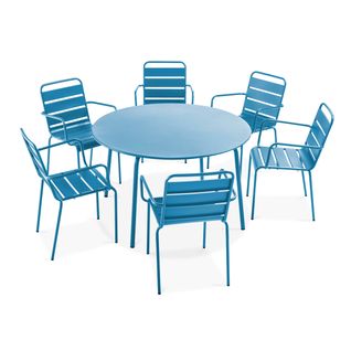 Salon De Jardin Table Ronde Et 6 Fauteuils En Métal, Palavas Bleu - Palavas