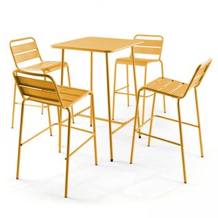 Table De Bar 70x70x105cm Et 4 Chaises Hautes 49x58x101cm, En Acier, Palavas Jaune