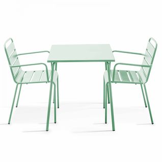 Ensemble Table De Jardin Carrée Et 2 Fauteuils Acier Vert Sauge Palavas