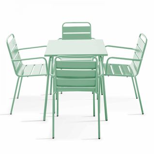 Ensemble Table De Jardin Carrée Et 4 Fauteuils Acier Vert Sauge Palavas