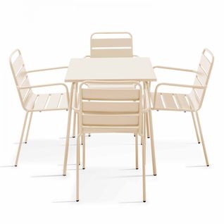 Ensemble Table De Jardin Carrée Et 4 Fauteuils Acier Ivoire Palavas