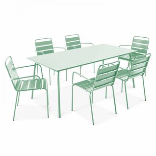 Ensemble Table De Jardin Et 6 Fauteuils En Métal Vert Sauge Palavas