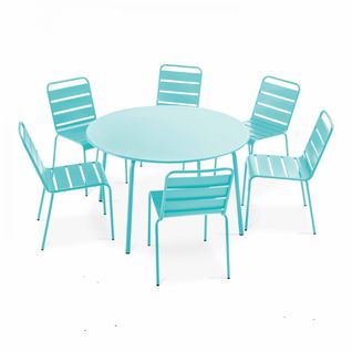 Salon De Jardin Table Ronde Et 6 Chaises En Métal, Palavas Bleu - Palavas