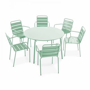 Ensemble Table De Jardin Ronde Et 6 Fauteuils Acier Vert Sauge Palavas