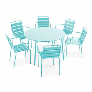 Salon De Jardin Table Ronde Et 6 Fauteuils En Métal, Palavas Bleu - Palavas