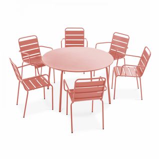 Ensemble Table De Jardin Ronde Et 6 Fauteuils Acier Argile Palavas