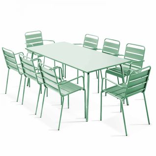 Ensemble Table De Jardin Et 8 Fauteuils En Métal Vert Sauge Palavas