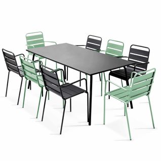 Ensemble Table De Jardin Et 8 Fauteuils En Métal Vert Sauge Et Gris Palavas