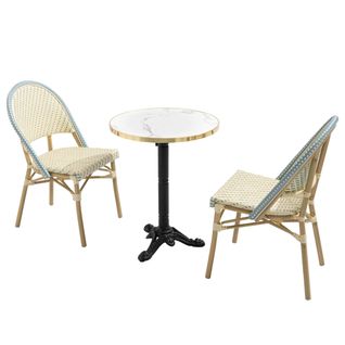 Table De Terrasse 60cm Inclinable Marbre Blanc Et 2 Chaises Bleu