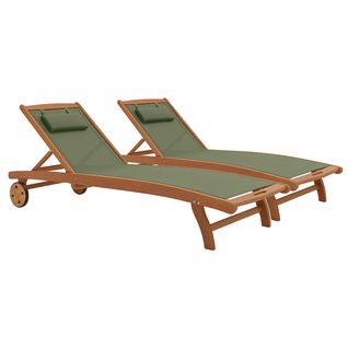 Lot De 2 Bains De Soleil En Bois Inclinable Avec Roues Vert Sauge