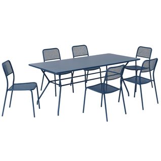Table De Jardin Rectangulaire 140 X 80 X 75 Cm Et 6 Chaises En Métal, Guethary Bleu - Guethary