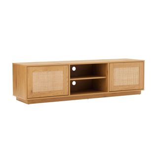 Meuble TV Suspendu En Bois 2 Portes En Rotin L160 Cm Bois Clair