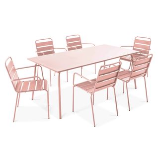 Ensemble Table De Jardin Et 6 Fauteuils En Métal Rose Poudré Palavas