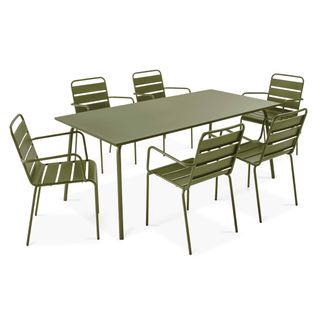 Ensemble Table De Jardin Et 6 Fauteuils En Métal Vert Kaki Palavas