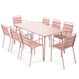 Ensemble Table De Jardin Et 8 Fauteuils En Métal Rose Poudré Palavas