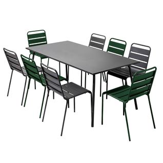 Ensemble Table De Jardin Et 8 Chaises En Métal Gris Et Vert Forêt Palavas