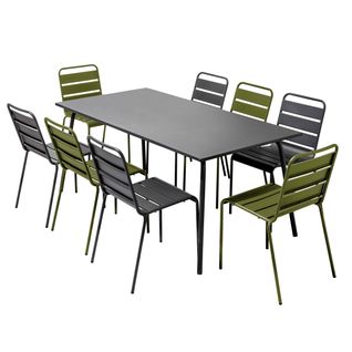 Ensemble Table De Jardin Et 8 Chaises En Métal Gris Et Vert Kaki Palavas