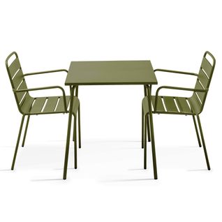Ensemble Table De Jardin Carrée Et 2 Fauteuils Acier Vert Kaki Palavas