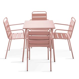 Ensemble Table De Jardin Carrée Et 4 Fauteuils Acier Rose Poudré Palavas