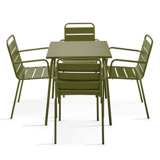 Ensemble Table De Jardin Carrée Et 4 Fauteuils Acier Vert Kaki Palavas