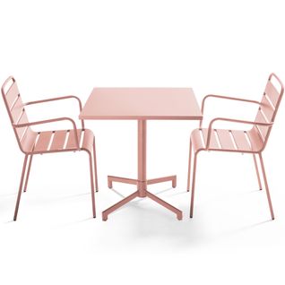 Ensemble Table 70 Cm Et 2 Fauteuils De Jardin En Métal Rose Poudré Palavas