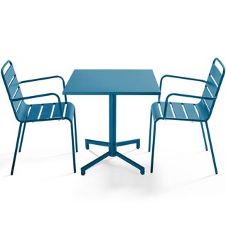 Ensemble Table 70 Cm Et 2 Fauteuils De Jardin En Métal Bleu Pacific Palavas