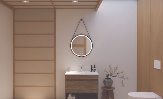 Miroir Salle De Bain Éclairant Kyara Avec Lanière - Contour Aluminium Noir - Ø60 Cm