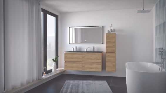 Meuble Salle De Bain à Suspendre Trendy - 120cm -4 Tiroirs - Bois- Plan Noir