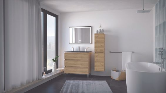 Meuble Salle De Bain à Poser Trendy - 80 Cm - 3 Tiroirs - Bois- Plan Noir