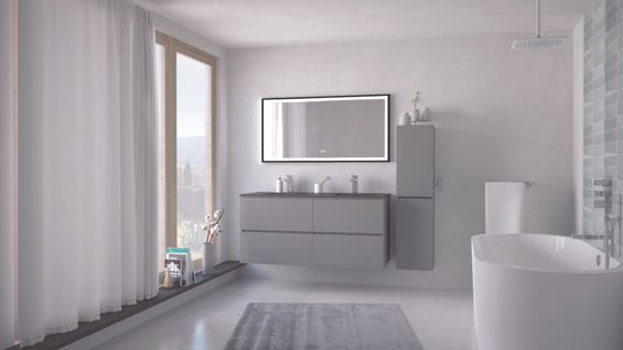 Meuble Salle De Bain à Suspendre Trendy - 120cm -4 Tiroirs - Gris - Plan Noir