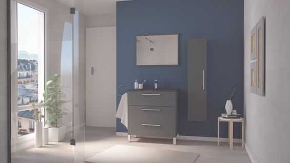 Meuble Salle De Bain à Poser Pallas - 80cm - Gris - Plan Vasque Noir