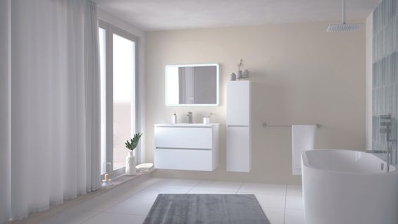 Meuble Salle De Bain Trendy - 80 Cm - Blanc Brillant - 2 Tiroirs - Miroir Athena