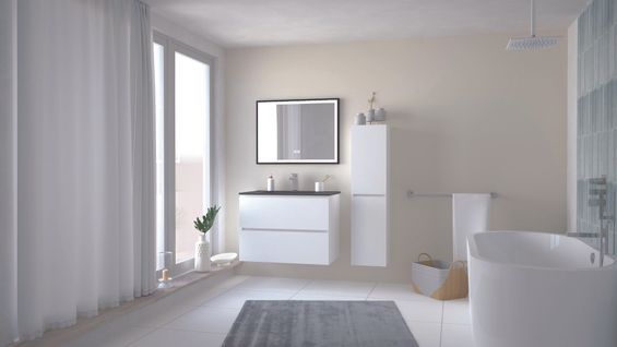 Meuble Salle De Bain Trendy - 80 Cm - Blanc Mat - 2 Tiroirs - Plan Noir + Miroir Selena