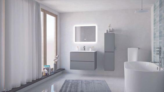 Meuble Salle De Bain Trendy - 80 Cm - Gris - 2 Tiroirs - Miroir Athena