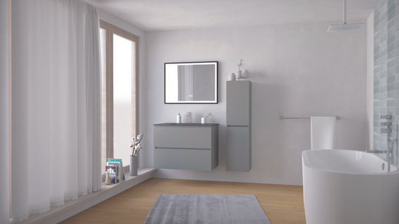 Meuble Salle De Bain Trendy  - 80 Cm - Gris Mat - 2 Tiroirs - Plan Noir + Miroir Selena