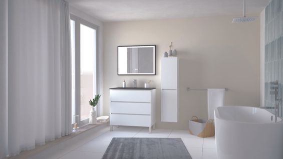 Meuble Salle De Bain Trendy - 80 Cm - Blanc Mat - 3 Tiroirs - Plan Noir + Miroir Selena
