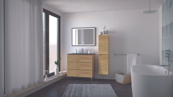 Meuble Salle De Bain Trendy - 80 Cm - Bois - 3 Tiroirs - Plan Noir + Miroir Selena