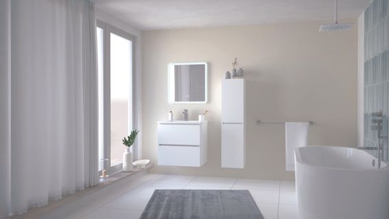 Meuble Salle De Bain Trendy - 60 Cm - Blanc Mat - 2 Tiroirs - Miroir Athena