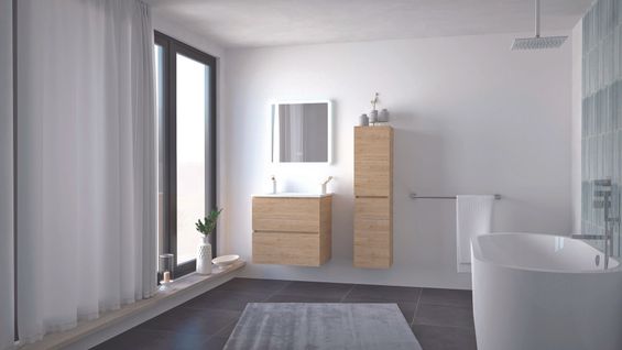 Meuble Salle De Bain Trendy - 60 Cm - Bois - 2 Tiroirs - Miroir Athena