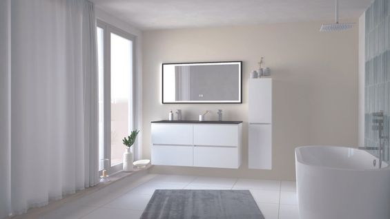 Meuble Salle De Bain Trendy - 120 Cm - Blanc Mat - 4 Tiroirs - Plan Noir + Miroir Selena