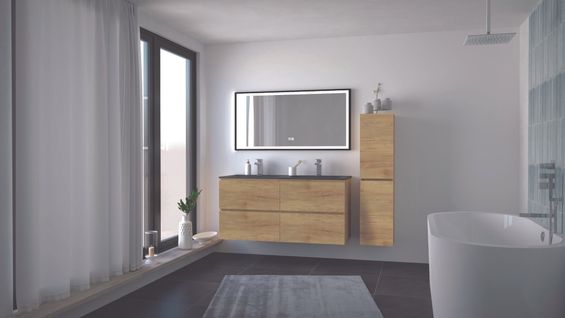 Meuble Salle De Bain Trendy - 120 Cm - Bois - 4 Tiroirs - Plan Noir + Miroir Selena