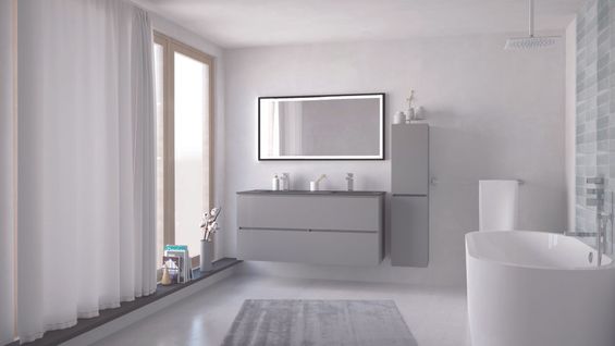 Meuble Salle De Bain Trendy - 120 Cm - Gris Mat - 4 Tiroirs - Plan Noir + Miroir Selena