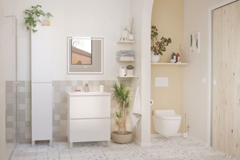 Meuble Salle De Bain à Poser Lila - 60cm - 2 Tiroirs -blanc - Miroir LED Laura