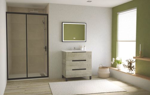 Meuble Salle De Bain à Poser Alaska -80cm - Bois - 3 Tiroirs - Miroir Selena