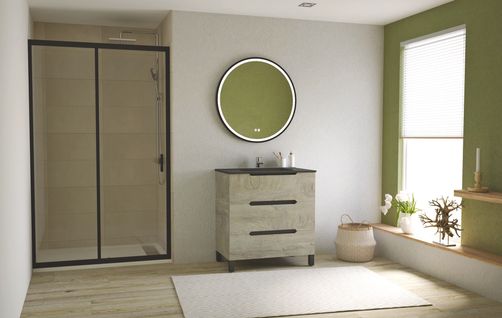 Meuble Salle De Bain à Poser Alaska -80cm - Bois - 3 Tiroirs - Plan Noir -mir Alexine