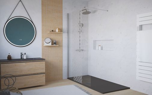 Pack Douche - Receveur Noir 160x80cm, Paroi 120cm, Déflecteur Et Barre Fixation